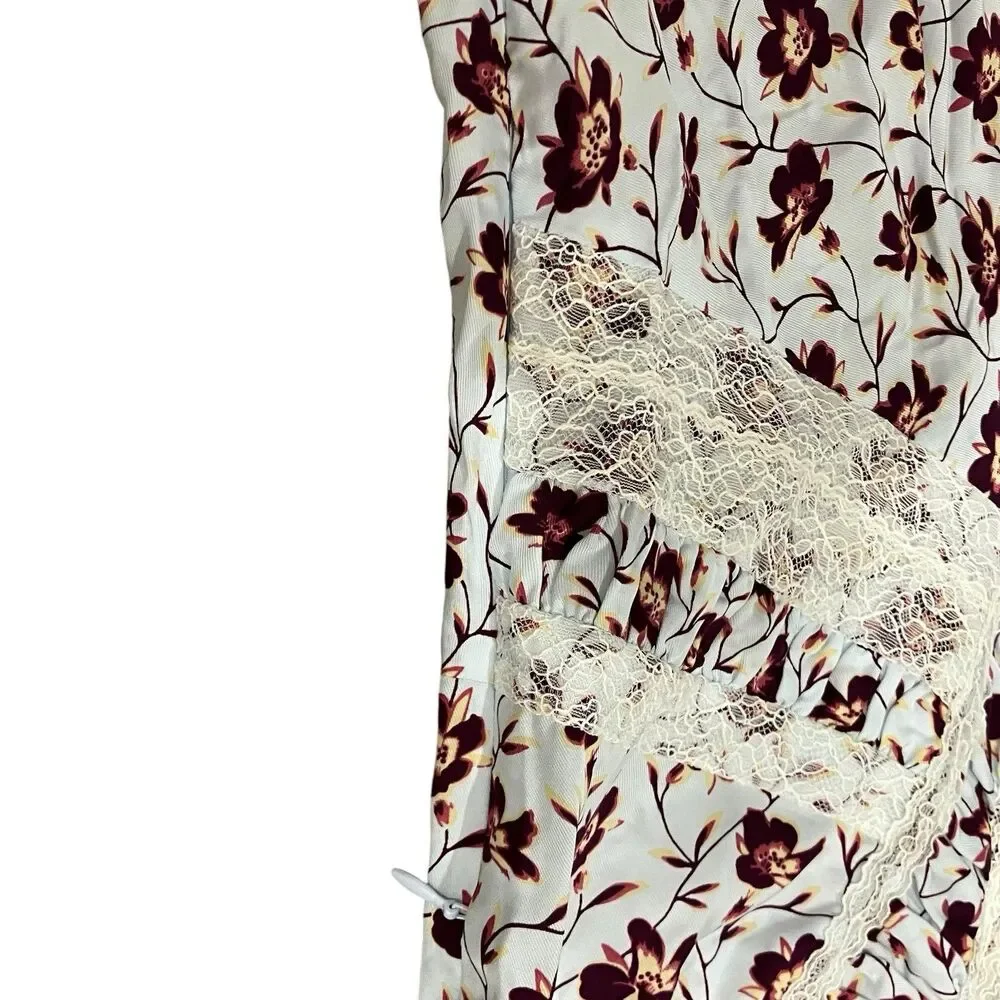 J Crew Midi Floral Lace Trim Dress Womens 0 White Burgundy V Neck Puff CS846